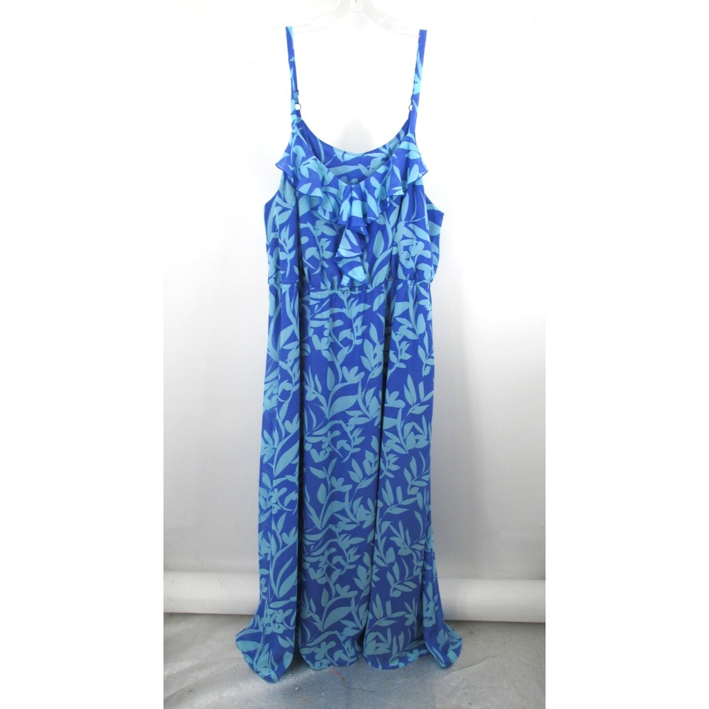 LANE BRYANT Maxi Summer Dress Women 18 Blue Floral Ruffled Cottage Core Tropical